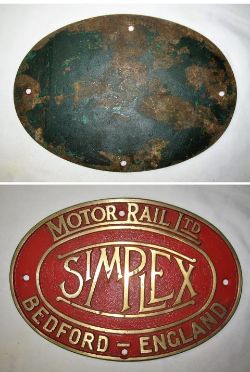 Brass Loco Works plate. MOTOR RAIL LTD SIMPLEX BEDFORD ENGLAND. Measures 11.5 x 8 in. Beautiful