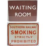 Southern Railway Enamel Sign. SMOKING STRIGHTLY PROHIBITED together with BR(W) screen printed sign