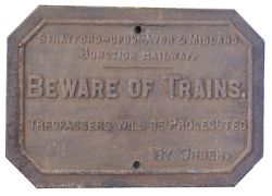 Stratford - Upon-Avon & Midland Junction Railway cast iron notice BEWARE OF TRAINS. Original