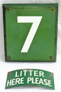 SR Enamel Number plate 7 mounted onto original wooden board together with a curved enamel SR