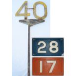 Post mounted speed restriction Track Sign 40 MPH. Original condition measuring 85 in tall,