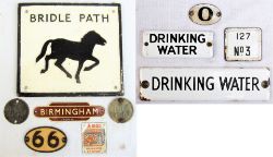 A lot containing 2 x enamel DRINKING WATER plates with a Post Box ID sign and a 0 plate. and other