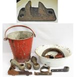 A miscellaneous lot containing railway items consisting of a BR(M) Fire bucket. GWR enamel wash bowl