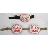 3 x LNER enamel Arm Bands 2 x LNER FLAG MAN together with LNER LOOK - OUT. Complete with leather