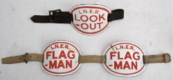 3 x LNER enamel Arm Bands 2 x LNER FLAG MAN together with LNER LOOK - OUT. Complete with leather