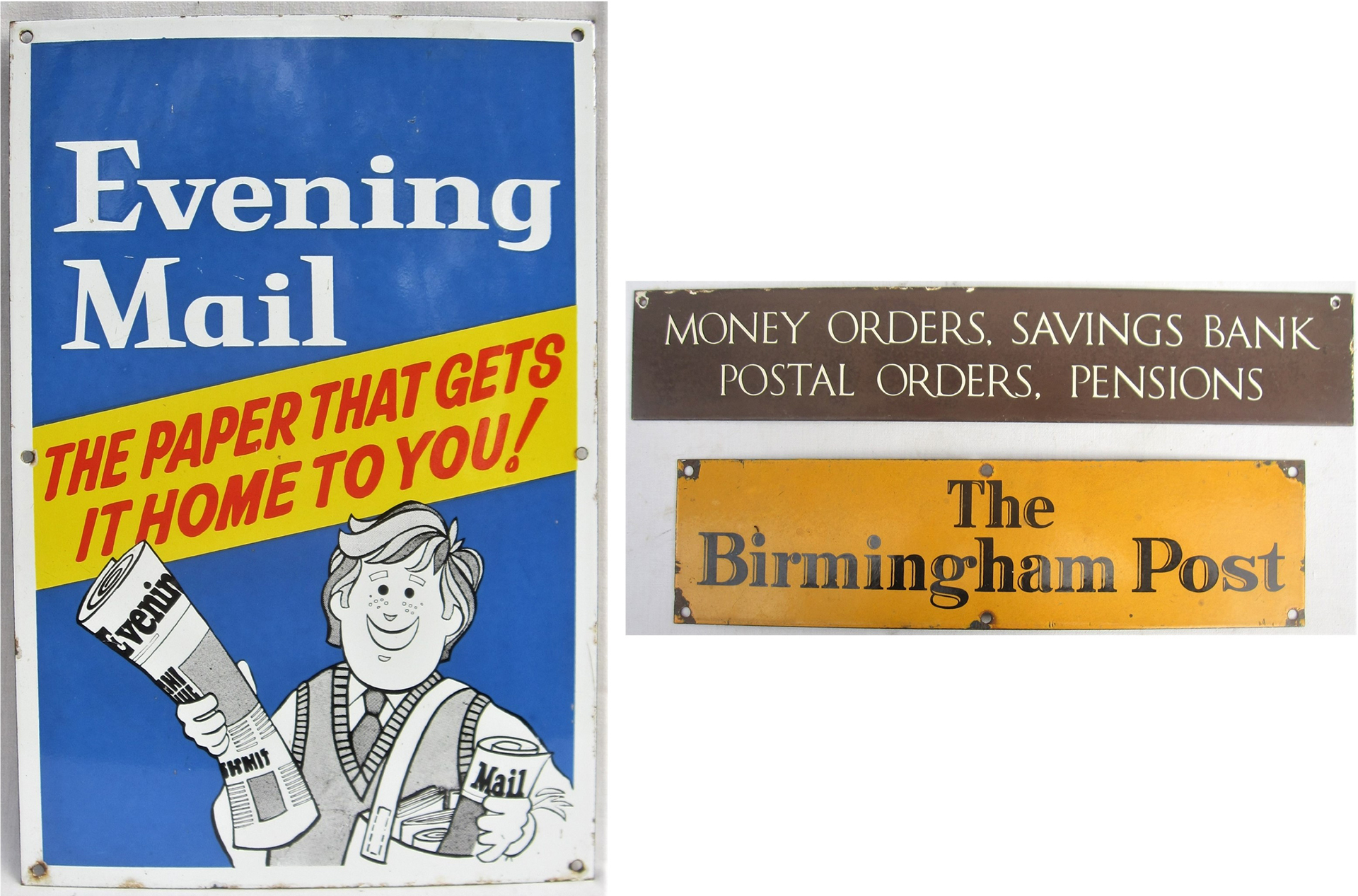 A Lot containing advertising signs. EVENING MAIL. THE BIRMINGHAM POST and MONEY ORDERS SAVINGS