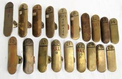 19 x Midland Railway brass lever number plates. Various descriptions. Location unknown.