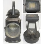 A pair of GWR Hand lamps. GWR 3 aspect Guards lamp together with an unusual ground lamp plated NORTH