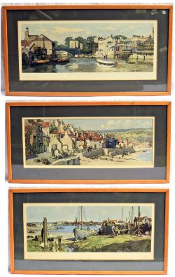 3 x Framed & Glazed Carriage Prints. RIVER OUSE York by G Russell. Modern frame. STAITHES by G