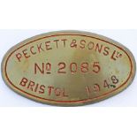 Worksplate PECKETT & SONS BRISTOL No 2085 1948 ex OY1 0-4-0 ST delivered new to Courtaulds Castle