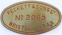 Worksplate PECKETT & SONS BRISTOL No 2085 1948 ex OY1 0-4-0 ST delivered new to Courtaulds Castle