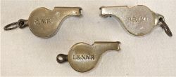 3 x Acme Thunderer Guards Whistles. L&NWR together with a GWR P Way and BR(M) example.