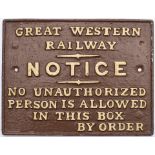 GWR Signal Box Door Notice. NO UNAUTHORIZED PERSON IS ALLOWED IN THIS BOX. Restored in Chocolate &