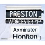 3 x DMU Destination Blinds. Rolled condition showing destinations PRESTON. WORCESTER. AXMINSTER.