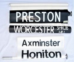 3 x DMU Destination Blinds. Rolled condition showing destinations PRESTON. WORCESTER. AXMINSTER.