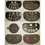 8 x Cast Iron Wagon Plates to include SR 13 TONS 12241. LMS 20 TONS 499877. GWR 12 TONS 39165.