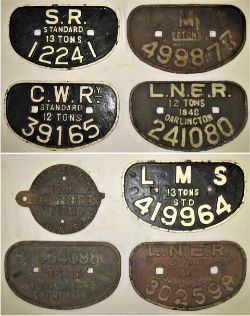 8 x Cast Iron Wagon Plates to include SR 13 TONS 12241. LMS 20 TONS 499877. GWR 12 TONS 39165.