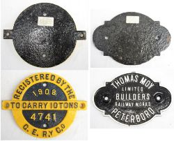 Cast Iron Wagon Plates x 2. THOMAS MOY LTD PETERBOROUGH, and a GER Cast Iron Registration Plate. GER