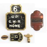 A lot containing 5 x items. LSWR brass lever plate painted, Up GWR Home. LSWR brass lever plate,