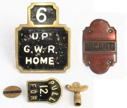 A lot containing 5 x items. LSWR brass lever plate painted, Up GWR Home. LSWR brass lever plate,