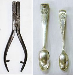 2 x LMS Sugar Tongs. Different LMS engraving as illustrated together with an NER ticket nippers