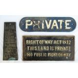 Cast Iron LNER Door Plate PRIVATE. RIGHTS OF WAY ACT notice and a brass filler cap notice, SHUT