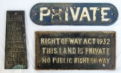 Cast Iron LNER Door Plate PRIVATE. RIGHTS OF WAY ACT notice and a brass filler cap notice, SHUT