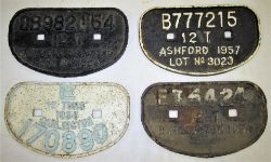 4 x Cast Iron D Wagon Plates. DB 982154 12 TONS FAIRFIELDS. B 777215 12 TONS ASHFORD. E 12 TONS