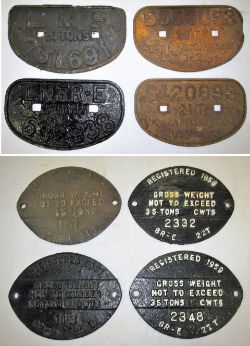 8 x Cast Iron Wagon Plates. LMS 20 TONS 731691. B 953093 20 TON DARLINGTON. LNER E 5 TONS 632938.