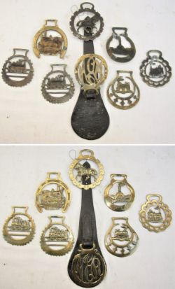 A lot containing 8 x Horse Brasses. One mounted onto leather strap NER together with others