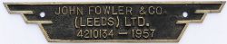 Worksplate JOHN FOWLER & CO LEEDS 4210134 1957 ex 0-4-0 Diesel supplied new to Pressed Steel Co