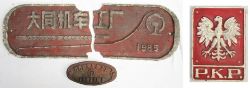 2 x Chinese Locomotive Plates dated 1985 one broken in half together with a 1993 Polish PKB Plate.
