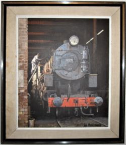Original Painting by DON MICKLEWAITE. Oil on canvas. BIG JIM at Keighley and Worth Railway. Measured