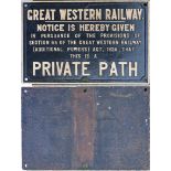 GWR Cast Iron Sign PRIVATE PATH. Repainted front with back original.