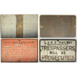 A pair of Cast Iron Track Signs. LNE Railway TRESPASSERS (GER Pattern) measuring 20.75 x 12 in