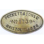 Worksplate PECKETT & SONS BRISTOL No 1739 1928 ex W6 0-4-0 ST supplied new to the Co-Operative