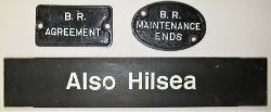 2 x Cast iron signs. BR MAINTENANCE ENDS and BR AGREEMENT together with a wooden double sided