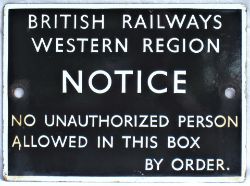 BRW Enamel Signal Box Door Notice. NO UNAUTHORISED PERSON etc. Excellent original condition.