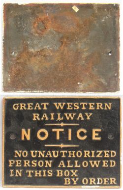 GWR Cast Iron Signal box Door Notice. NO UNAUTHORIZED PERSON ALLOWED IN THIS BOX BY ORDER. Back un