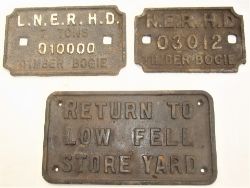 3 x Cast Iron Wagon Plates to include L.N.E.R H.D 7 Tons 010000 Timber Bogie. N.E.R H.D 03012 Timber