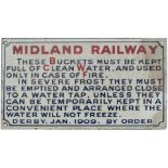 Midland Railway Enamel Fire Buckets Notice. In good condition with some restoration to corner. A