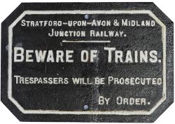 S&MJR Cast Iron BOT & Trespass Notice. BEWARE OF TRAINS. Front repainted.
