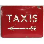 BR(M) FF enamel railway station sign TAXIS with arrow. Slight rusting on letters. Measures 24in