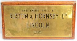 Brass Makers Plate. BUILT BY RUSTON & HORNSBY LTD LINCOLN 1955. Mounted onto original wood base