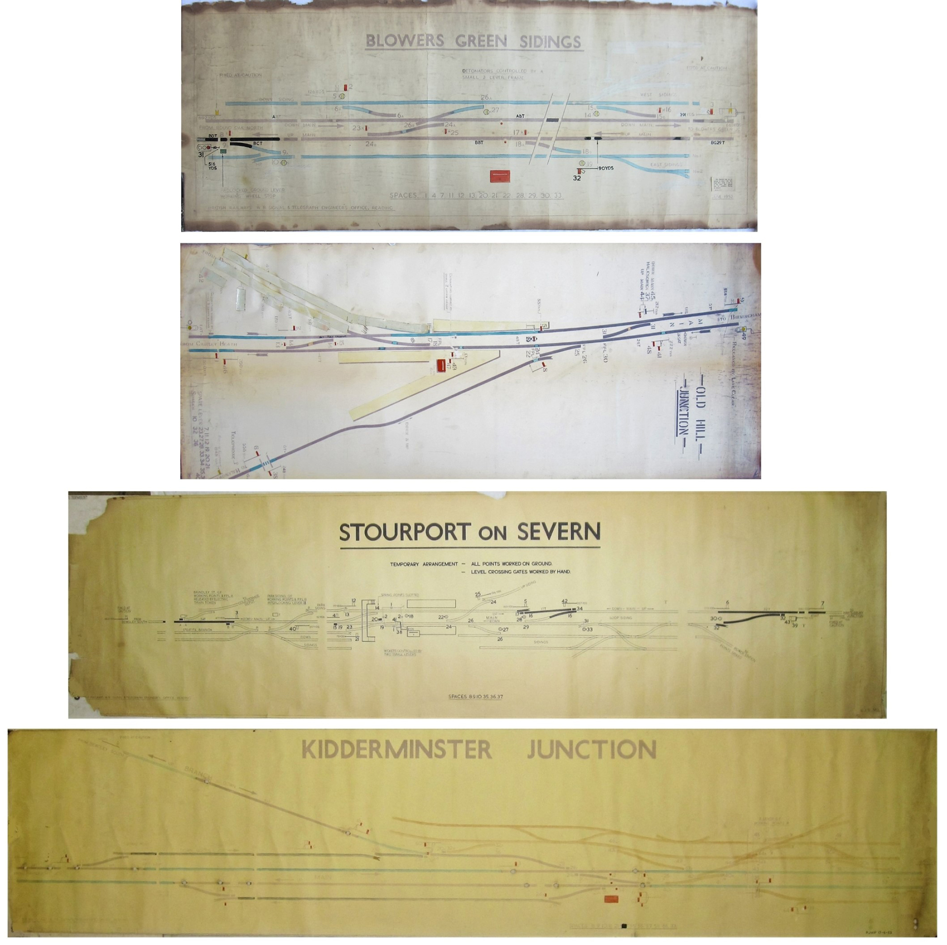 4 x Signal Box Diagrams. GWR OLD HILL JUNCTION drawn on paper modified in August 1963. BLOWERS GREEN