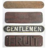 Door Plate cast iron LNER GENTLEMEN together with a Wagon Plate FRUIT. Both original condition.