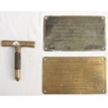 Two Brass ENGLISH ELECTRIC Data plates together with a brass screw key.