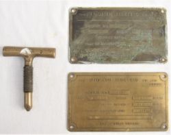 Two Brass ENGLISH ELECTRIC Data plates together with a brass screw key.