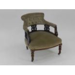 An Edwardian button-back open armchair, seat height 38cm, together with an inlaid mahogany three-