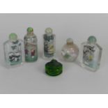 Six Chinese glass painted snuff bottles, 20th century, with internally painted scenes. (6)